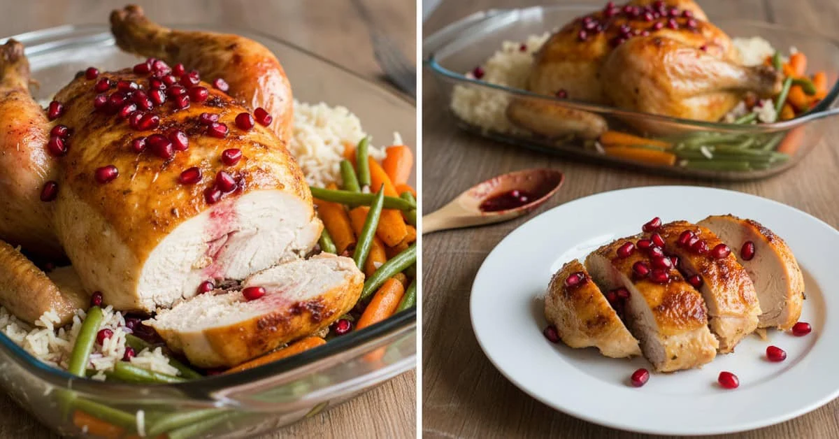 Deux vues d’un poulet rôti découpé, garni de grains de grenade et accompagné de légumes