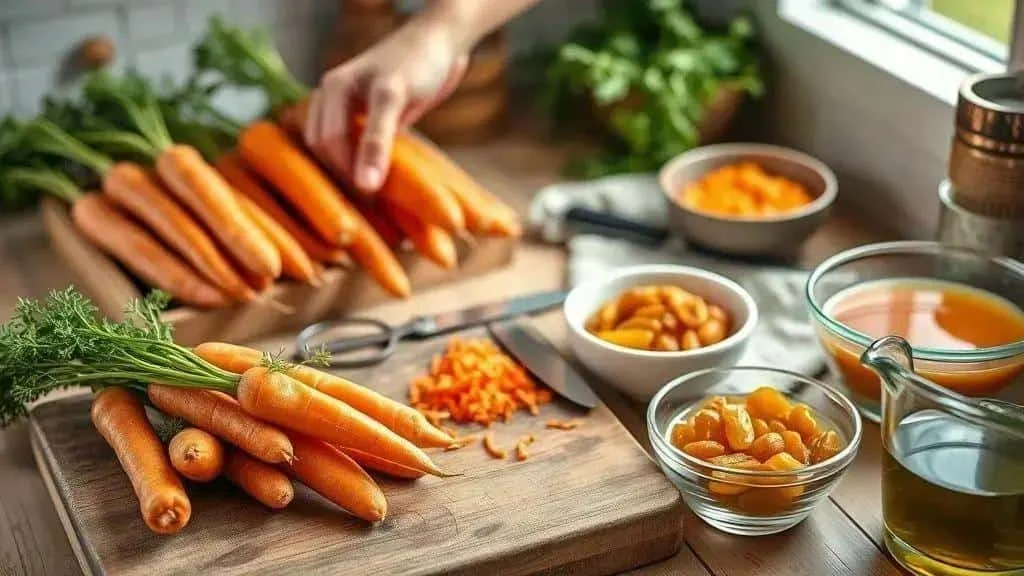 Carottes entières et râpées, raisins secs et jus d’orange sur un plan de travail