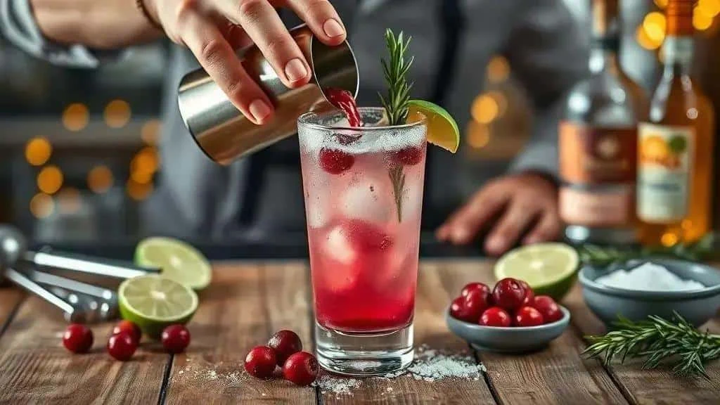 Versement d’un mélange au cranberry dans un verre avec des glaçons et du citron vert