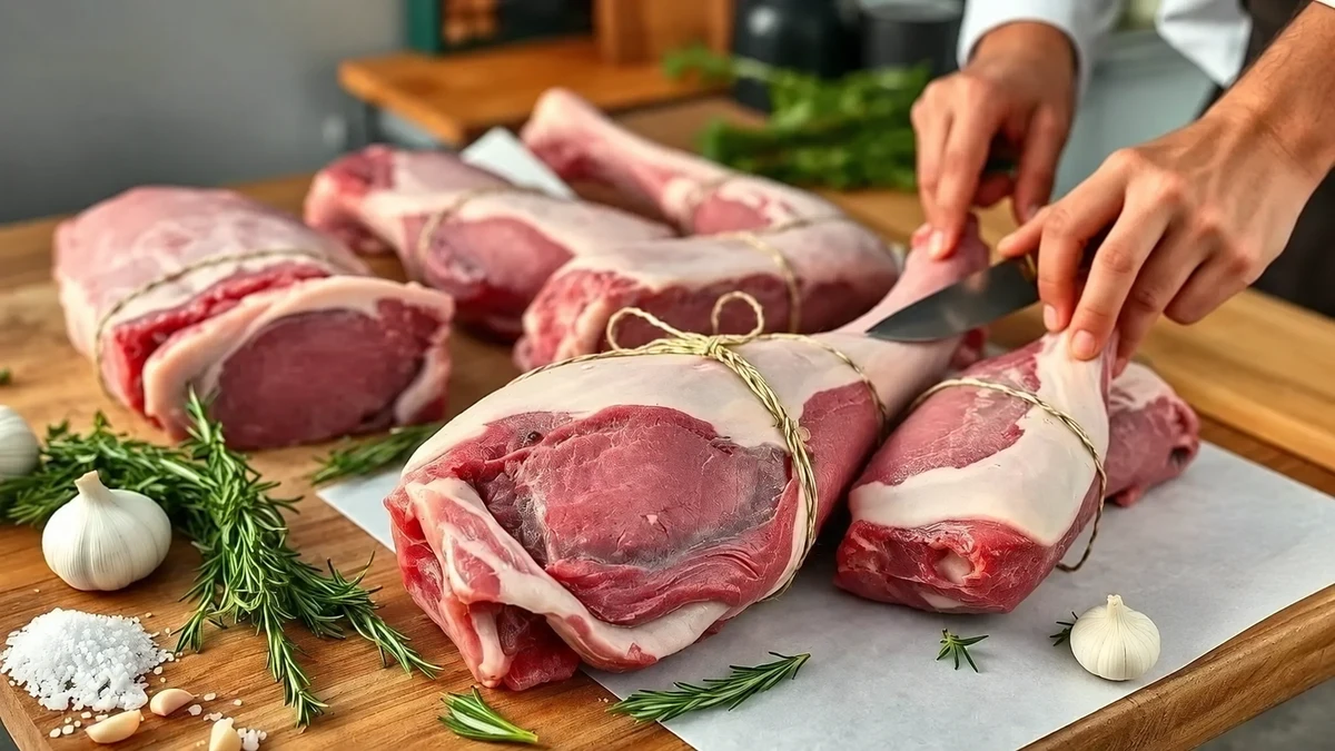 Préparation de morceaux d’agneau sur une planche à découper, avec ail et romarin. Préparation de morceaux d’agneau sur une planche à découper, avec ail et romarin.