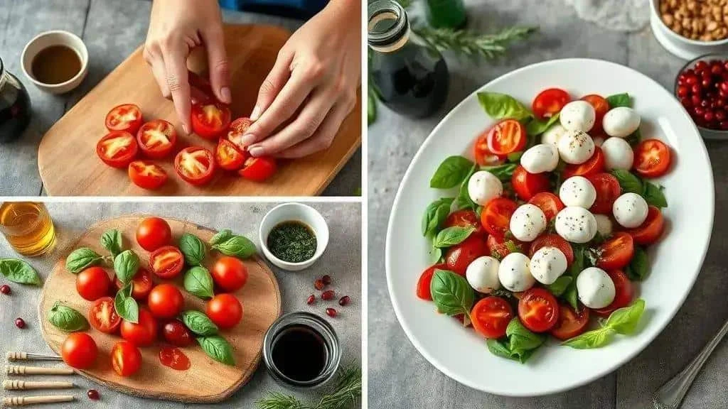 Découpe des tomates et présentation d’une salade de tomates, mozzarella et basilic.