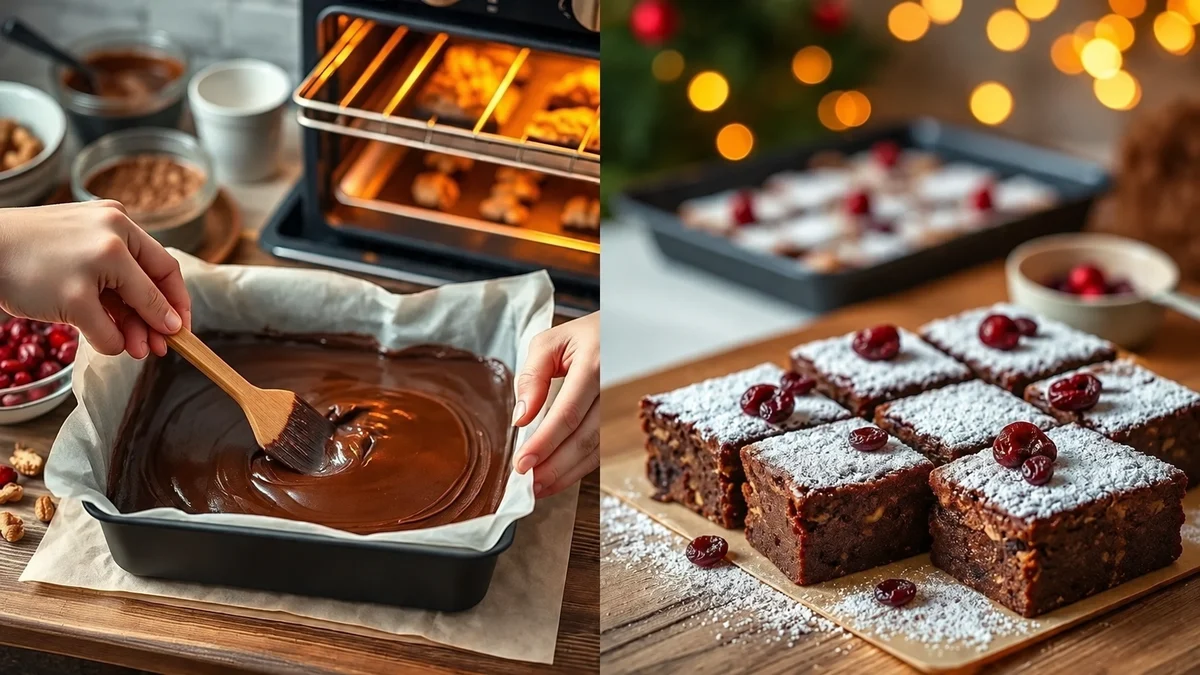 Pâte au chocolat dans un moule carré et brownies découpés, décorés de sucre glace et de cranberries séchées Pâte au chocolat dans un moule carré et brownies découpés, décorés de sucre glace et de cranberries séchées