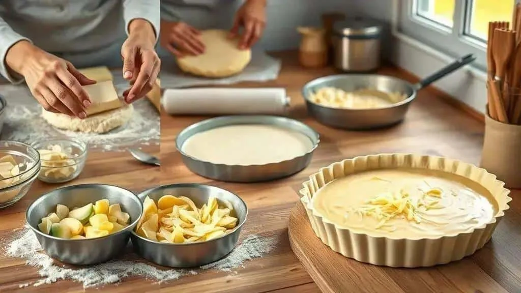 Préparation de la pâte et de la garniture d’une quiche aux cœurs de palmier et au fromage