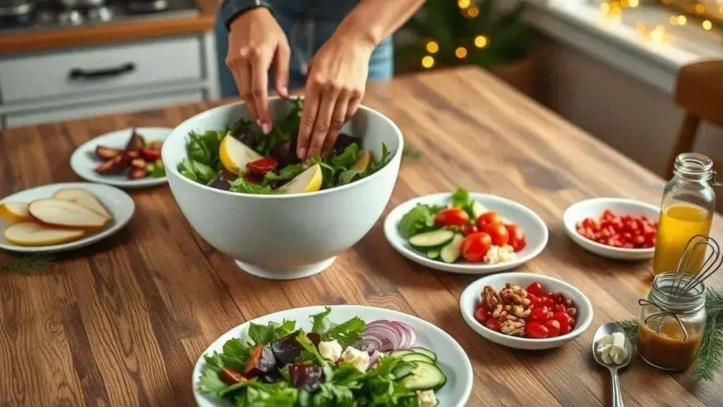 Préparation d’une salade de feuilles vertes et de fruits dans un grand saladier Préparation d’une salade de feuilles vertes et de fruits dans un grand saladier