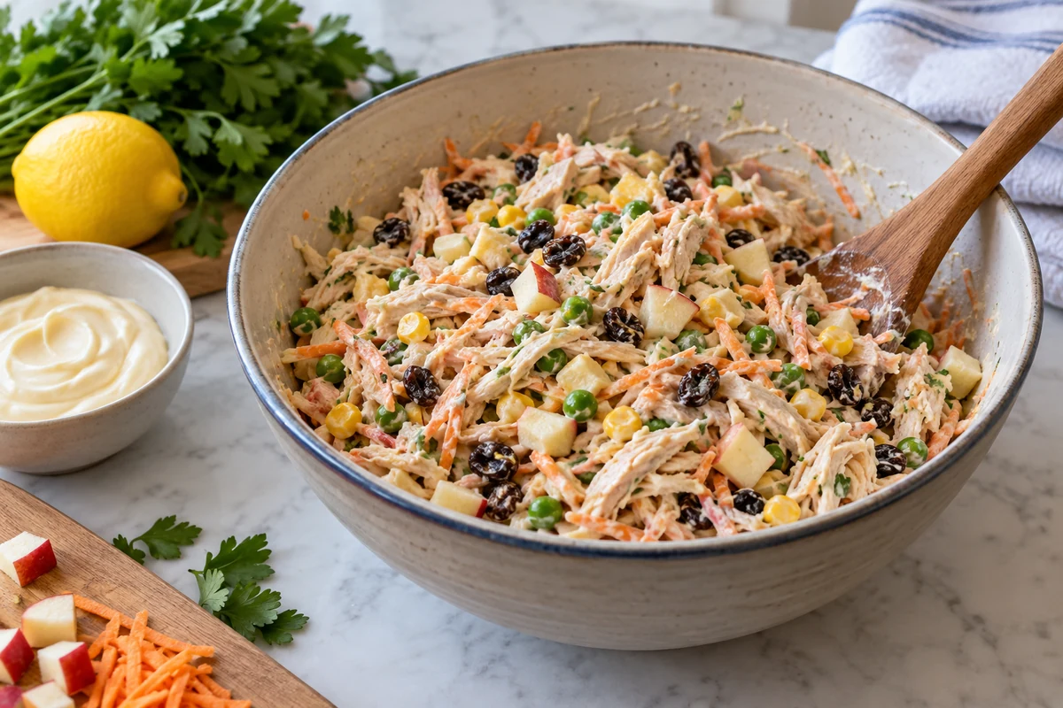 Poulet effiloché mélangé aux légumes, à la pomme et aux raisins secs dans une sauce crémeuse