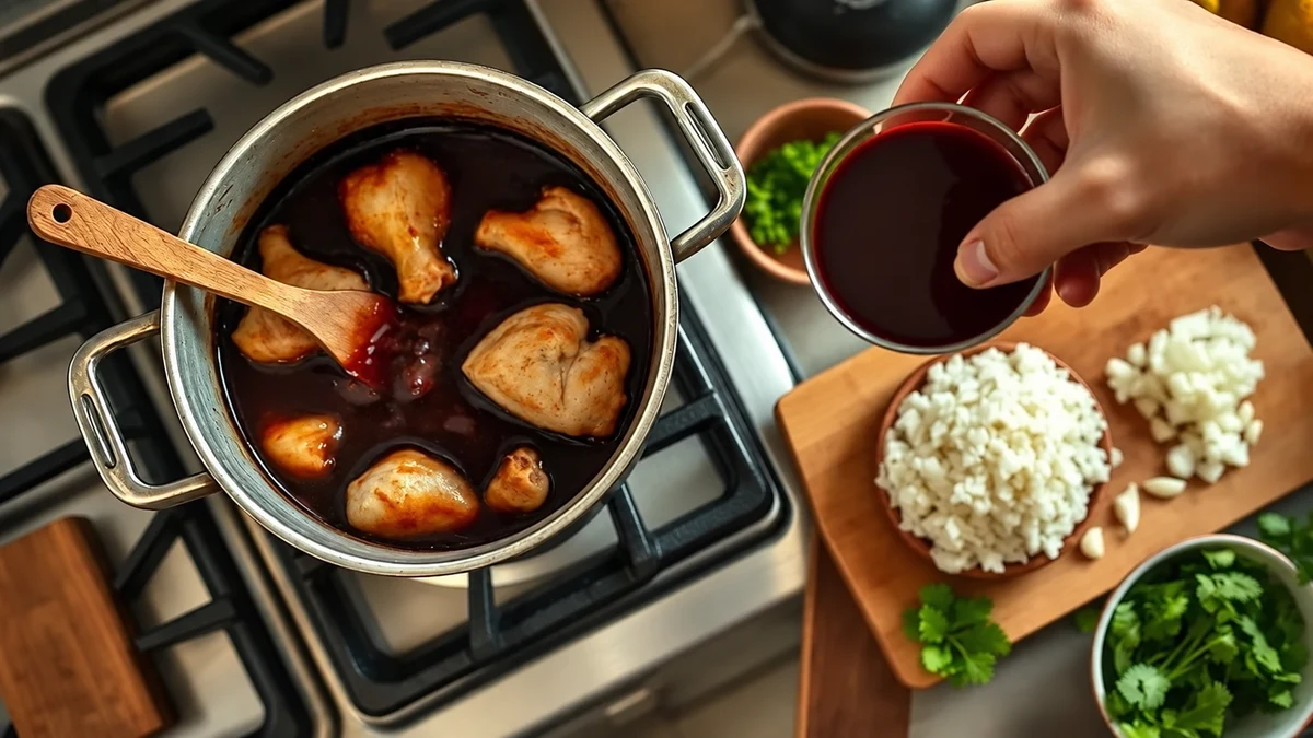Préparation de la sauce au sang au-dessus d’une cocotte de poulet à la cabidela