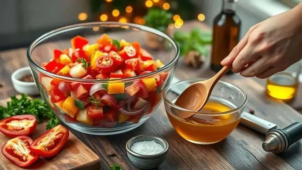 Main mélangeant une sauce à la cuillère près d’un saladier de légumes colorés