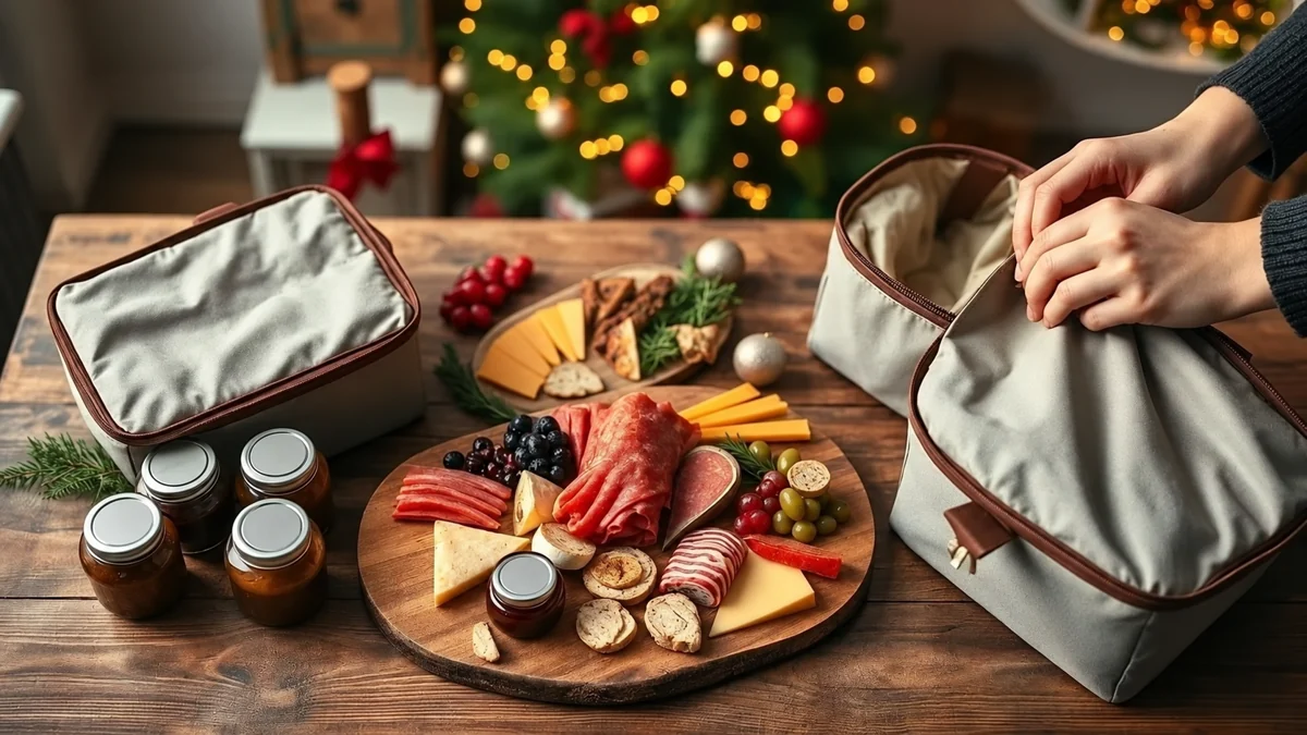 Préparation d’une planche de Noël à côté de bocaux fermés et de sacs isothermes