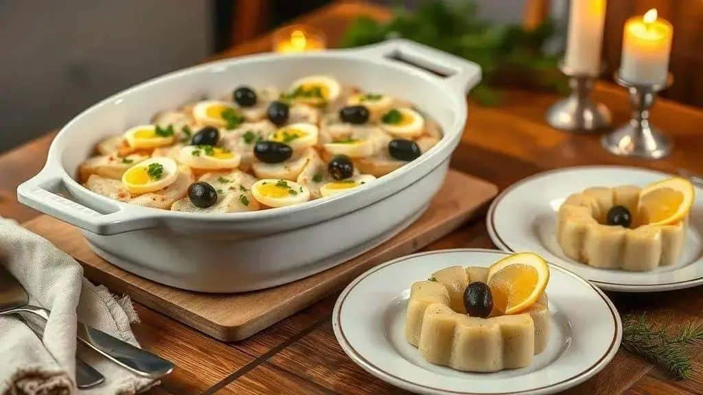 Plat de morue aux œufs et aux olives, avec portions de pommes de terre moulées à côté