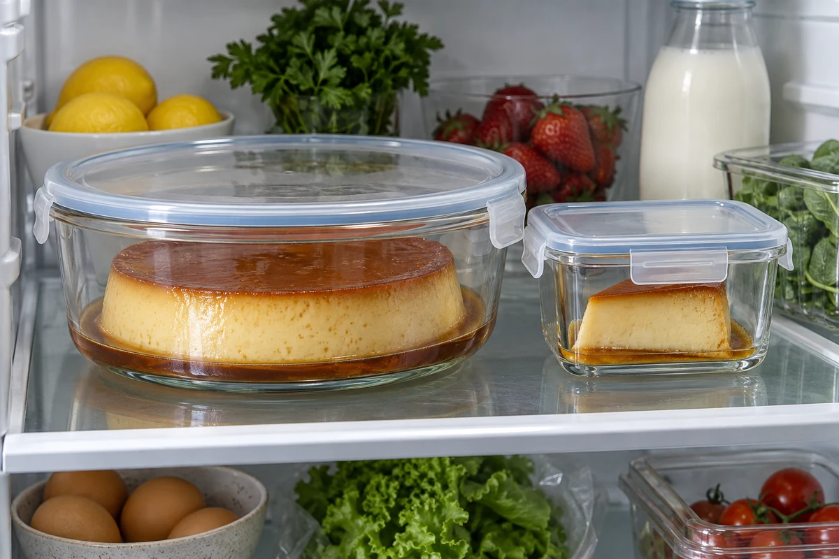 Flan au caramel et part individuelle dans des récipients fermés au réfrigérateur Flan au caramel et part individuelle dans des récipients fermés au réfrigérateur