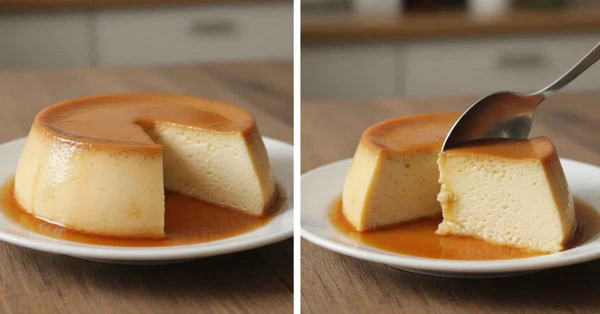 Pudim brésilien au caramel, entier et en part, avec de petites alvéoles visibles