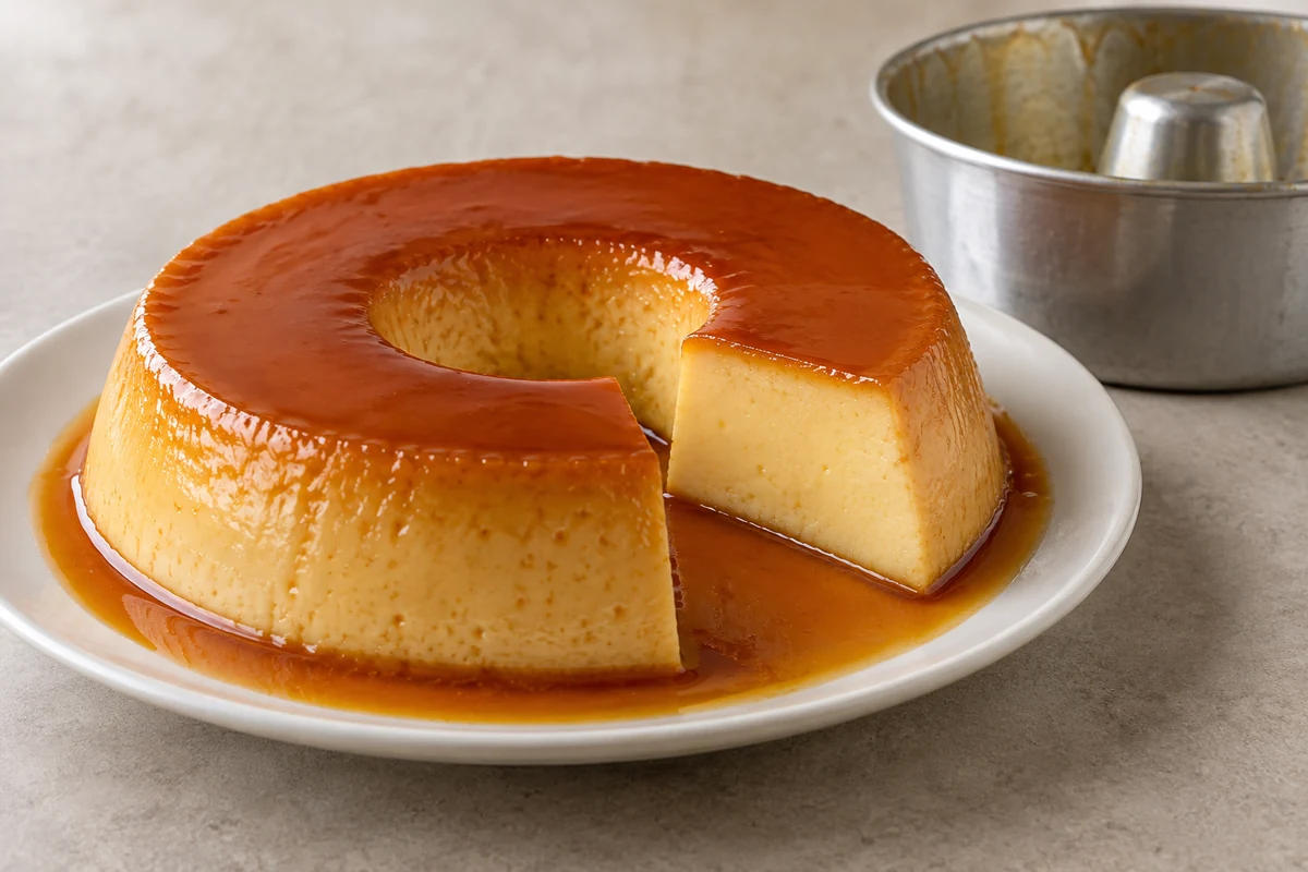 Pudim au caramel en couronne, avec une part retirée et son moule en arrière-plan Pudim au caramel en couronne, avec une part retirée et son moule en arrière-plan