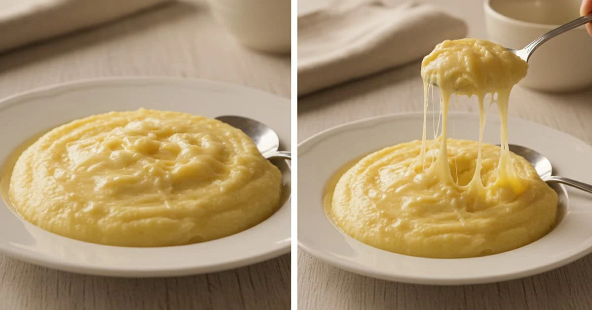 Deux vues d’une purée dorée au fromage, avec une cuillerée soulevée et des fils de fromage fondu