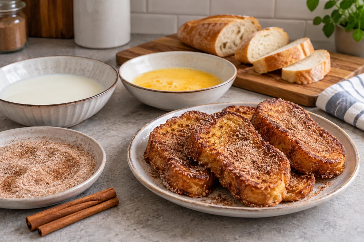 Rabanadas dorées près de bols distincts de lait, d’œufs battus et de sucre à la cannelle. Rabanadas dorées près de bols distincts de lait, d’œufs battus et de sucre à la cannelle.