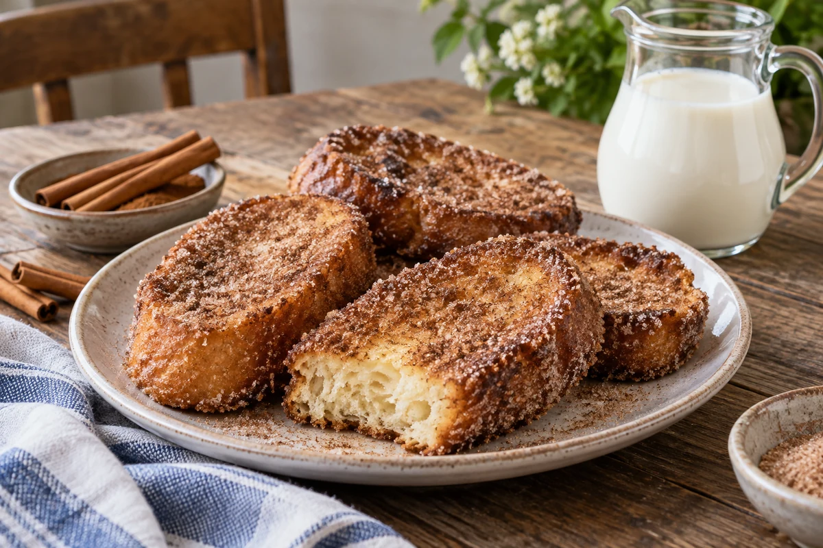 Rabanadas brésiliennes au sucre et à la cannelle, dont une tranche ouverte montrant la mie moelleuse. Rabanadas brésiliennes au sucre et à la cannelle, dont une tranche ouverte montrant la mie moelleuse.