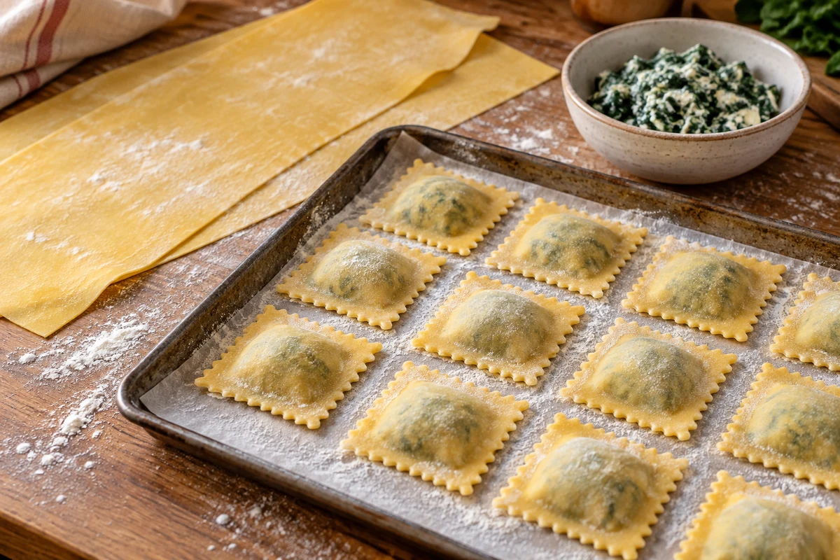 Raviolis fermés sur une plaque farinée, avec des feuilles de pâte et la farce Raviolis fermés sur une plaque farinée, avec des feuilles de pâte et la farce