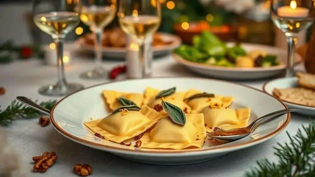 Assiette de raviolis à la sauge sur une table de Noël Assiette de raviolis à la sauge sur une table de Noël