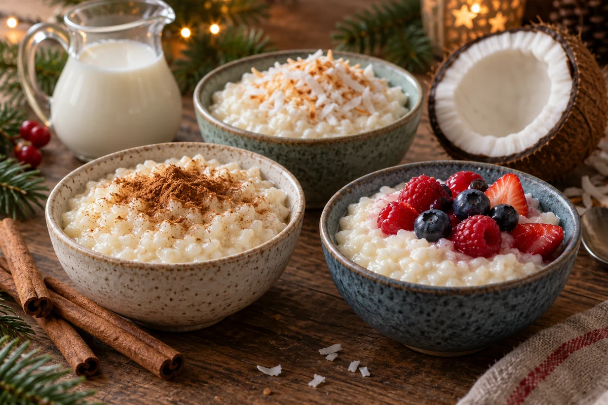 Trois bols de riz au lait garnis de cannelle, de noix de coco ou de fruits rouges