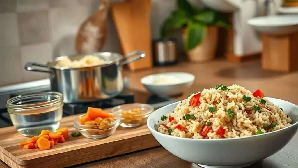 Riz brésilien aux légumes colorés présenté dans un grand bol.