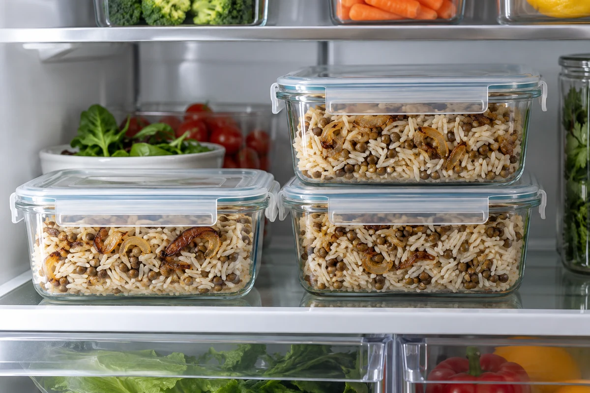 Riz aux lentilles conservé dans des boîtes fermées au réfrigérateur