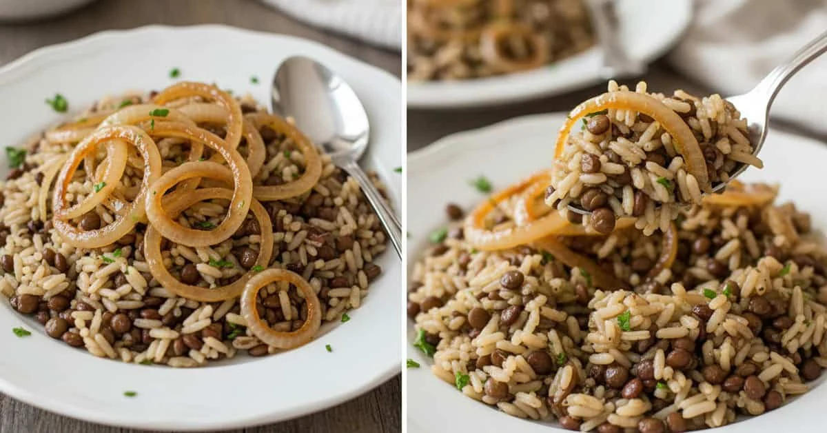 Riz aux lentilles et aux oignons caramélisés servi dans une assiette