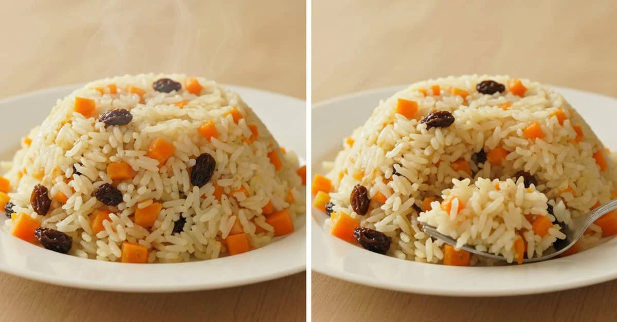 Deux vues d’un dôme de riz aux raisins secs et aux carottes servi dans une assiette