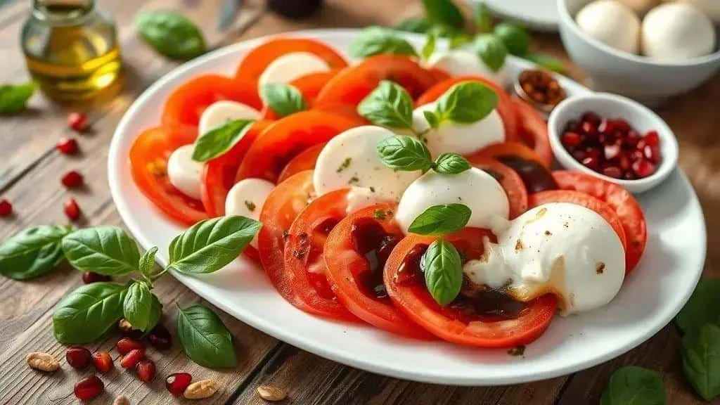 Rondelles de tomates et de mozzarella alternées avec des feuilles de basilic.