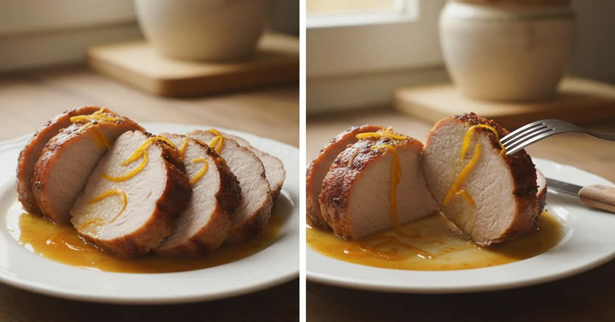 Deux vues de tranches de rôti de porc nappées de sauce à l’orange et garnies de zestes
