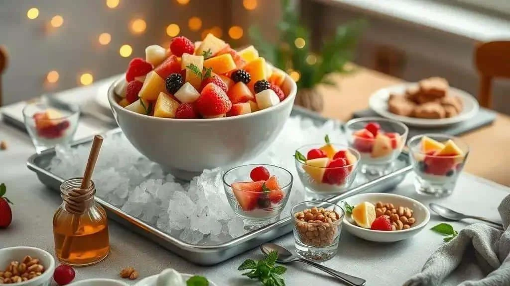 Grand bol et petites verrines de salade de fruits présentés sur un plateau avec de la glace. Grand bol et petites verrines de salade de fruits présentés sur un plateau avec de la glace.