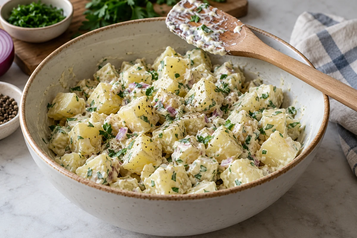 Pommes de terre en morceaux enrobées de sauce, avec des herbes, du poivre et de l’oignon rouge.