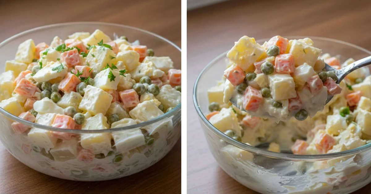 Deux vues d’une salade crémeuse de pommes de terre, carottes et petits pois, dont une cuillerée soulevée