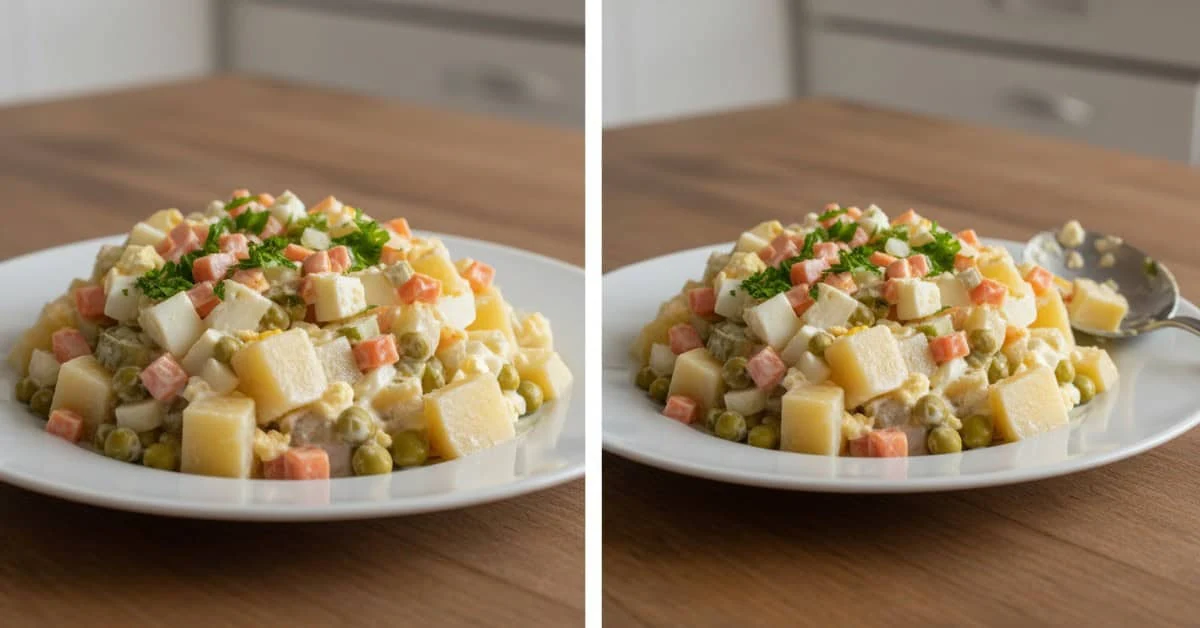 Deux vues d’une assiette de salade de pommes de terre, carottes et petits pois à la sauce crémeuse.