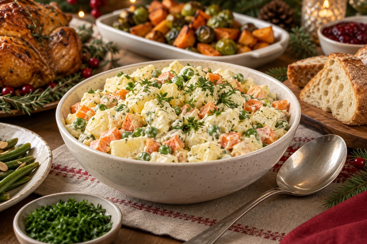 Salade de pommes de terre, carottes et petits pois sur une table de fête, avec une volaille rôtie et des légumes.