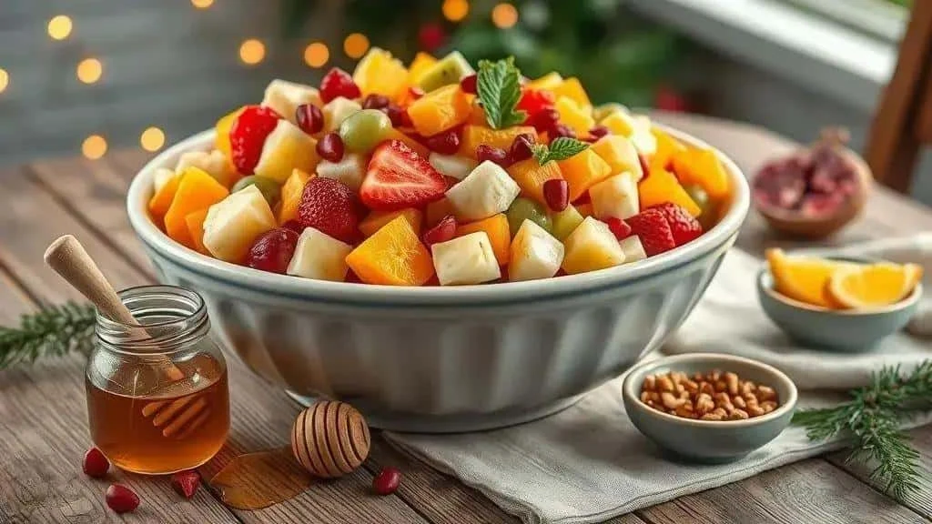 Saladier de fruits colorés avec menthe et grenade, accompagné d’un pot de miel et de noix. Saladier de fruits colorés avec menthe et grenade, accompagné d’un pot de miel et de noix.