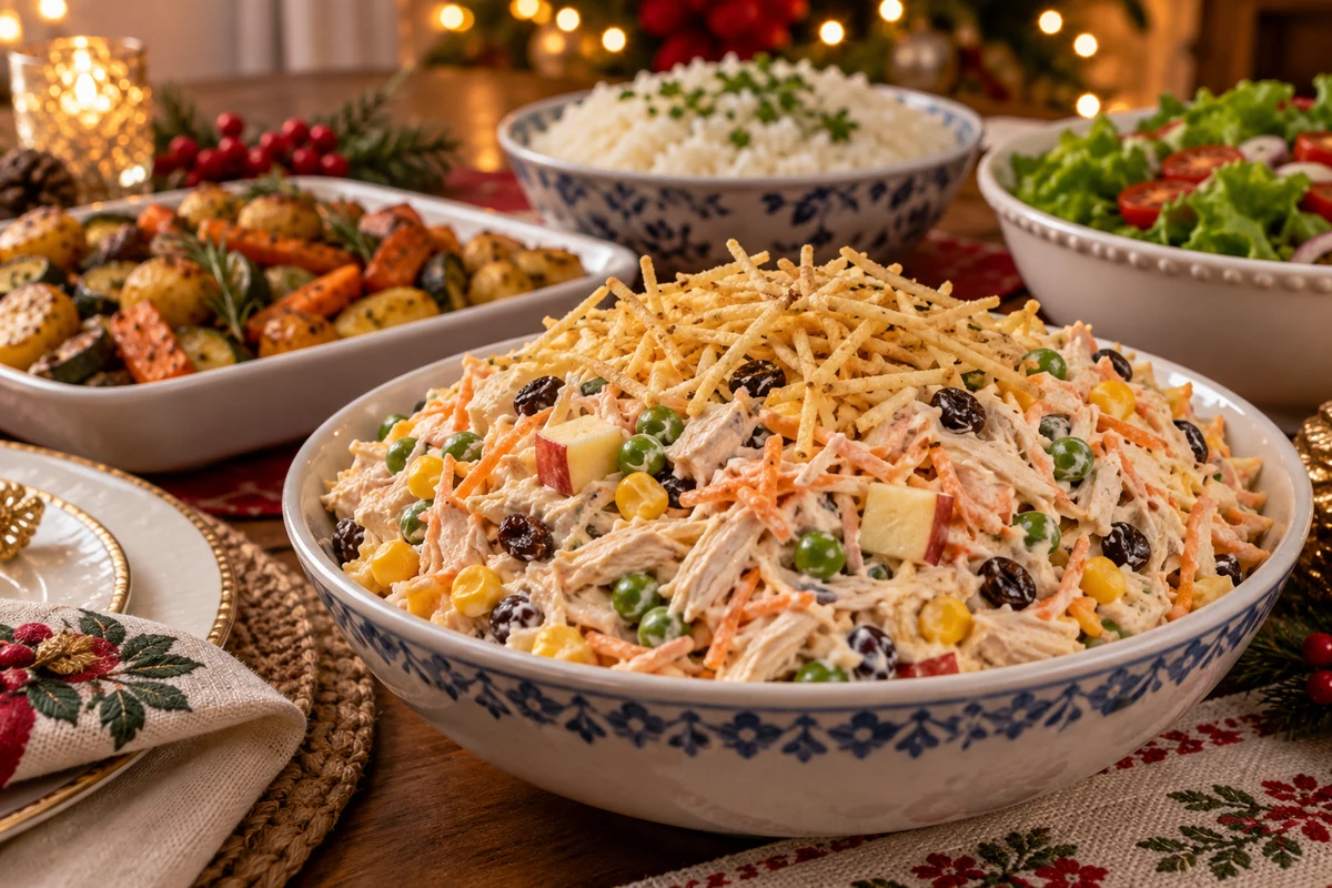 Salpicão garni de pommes paille sur une table de fête, avec riz, légumes rôtis et salade verte