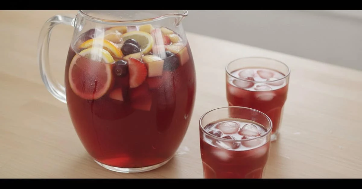 Sangria aux fruits dans une carafe transparente accompagnée de deux verres avec des glaçons
