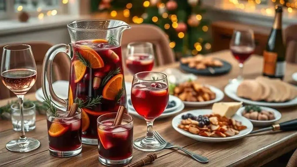 Carafe et verres de sangria sur une table avec fromage, pain et amuse-bouches Carafe et verres de sangria sur une table avec fromage, pain et amuse-bouches