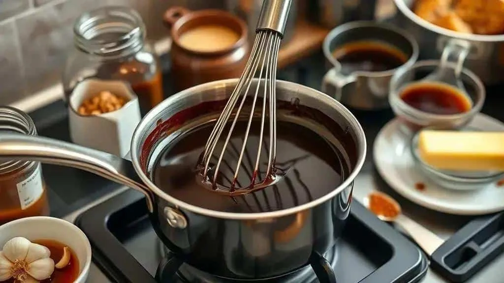 Sauce sombre à la mélasse remuée au fouet dans une petite casserole