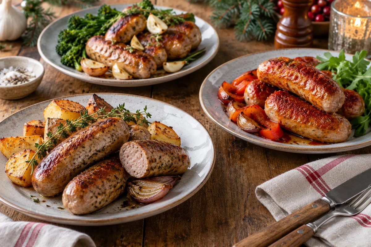 Trois assiettes de saucisses rôties avec pommes de terre, poivrons et légumes verts Trois assiettes de saucisses rôties avec pommes de terre, poivrons et légumes verts