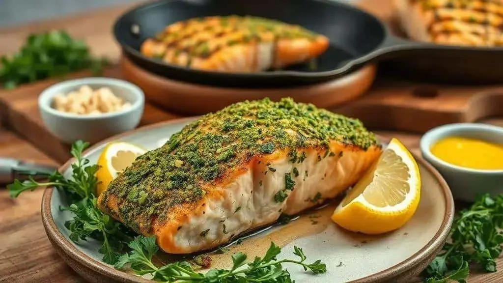Pavé de saumon cuit sous une croûte d’herbes dorée, servi avec du citron