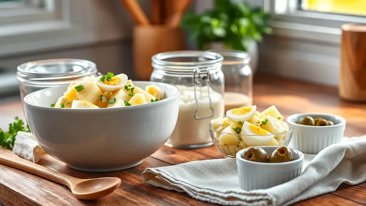 Salade de pommes de terre garnie d’œufs durs et d’herbes, avec des olives à côté