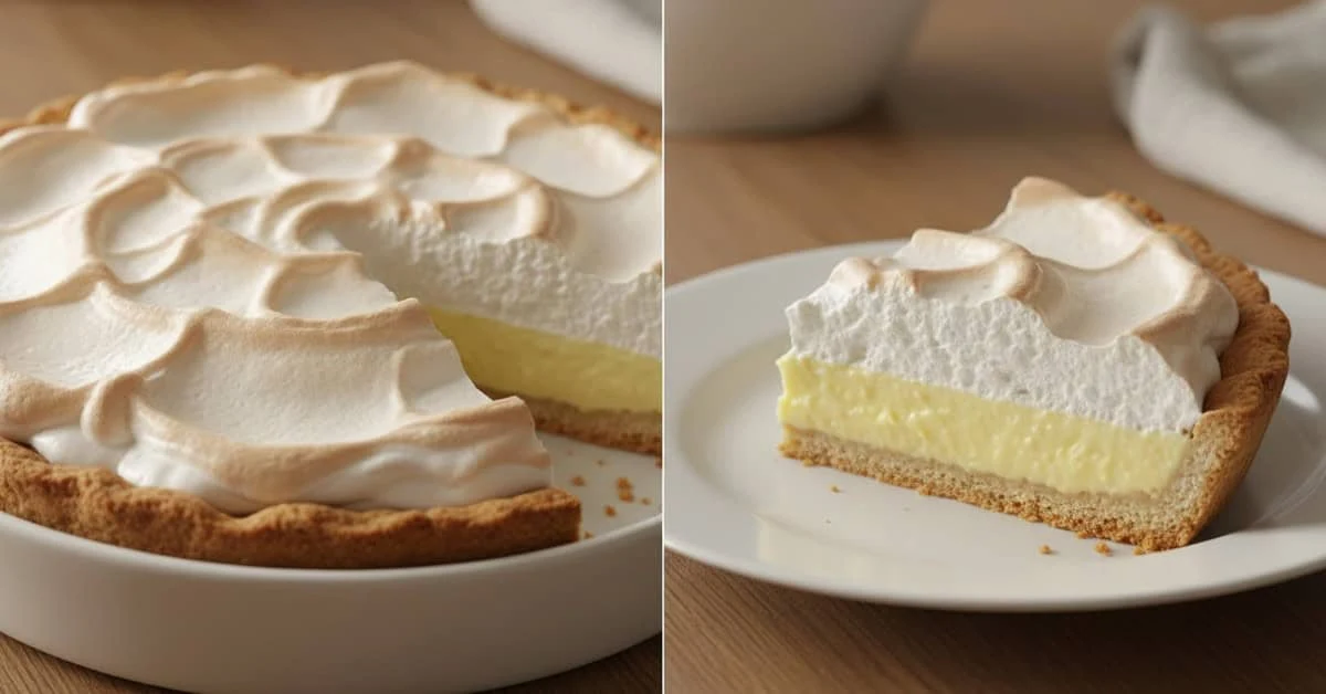 Tarte à la crème citronnée et à la meringue dorée, entière puis présentée en part