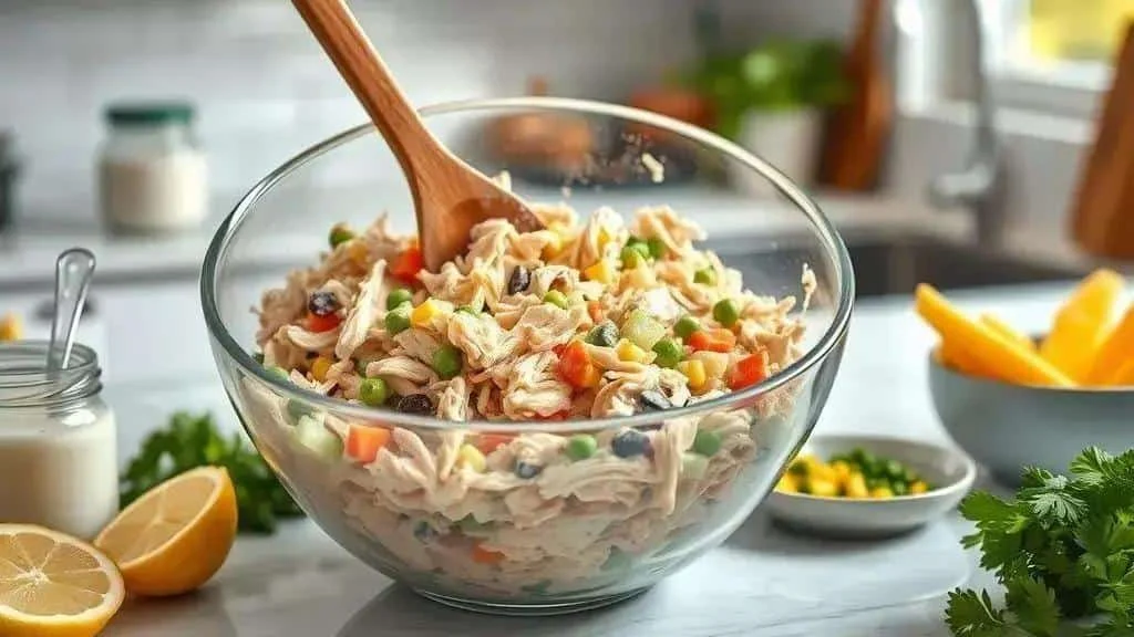 Salade de poulet et de légumes dans un saladier en verre avec une cuillère en bois