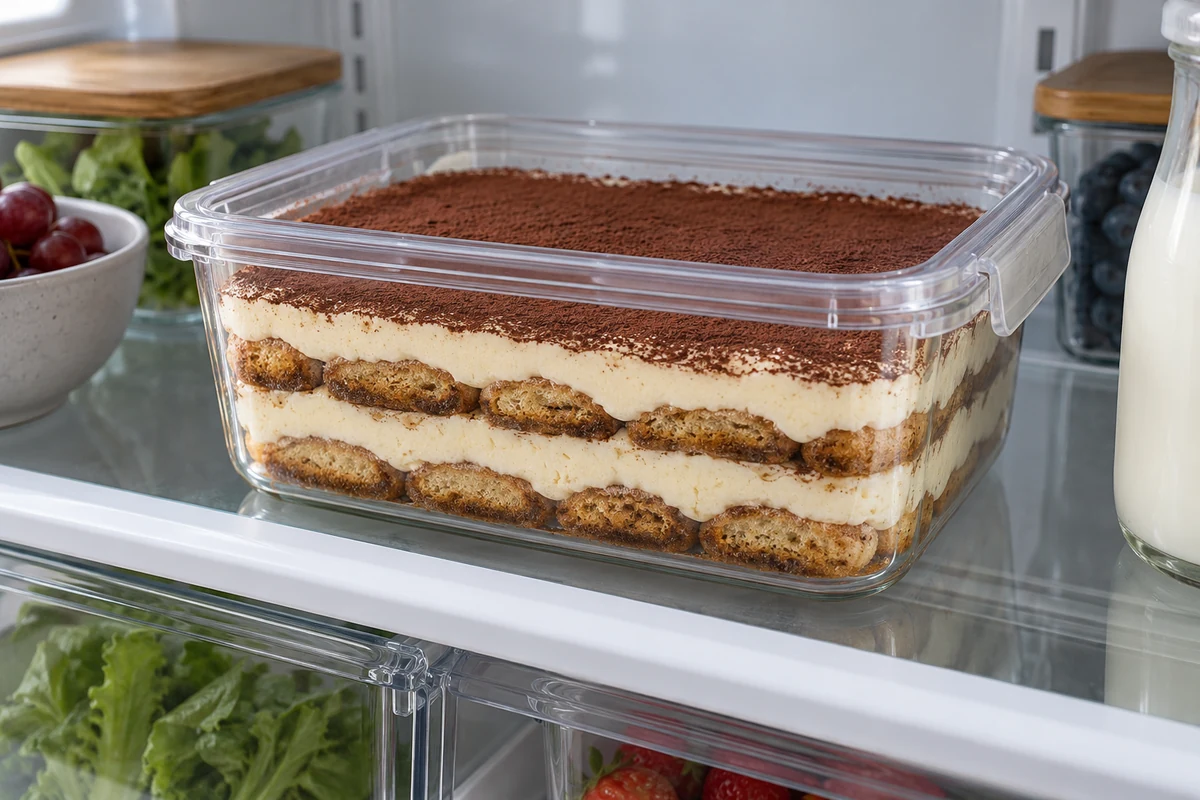 Tiramisu protégé dans une boîte alimentaire au réfrigérateur Tiramisu protégé dans une boîte alimentaire au réfrigérateur