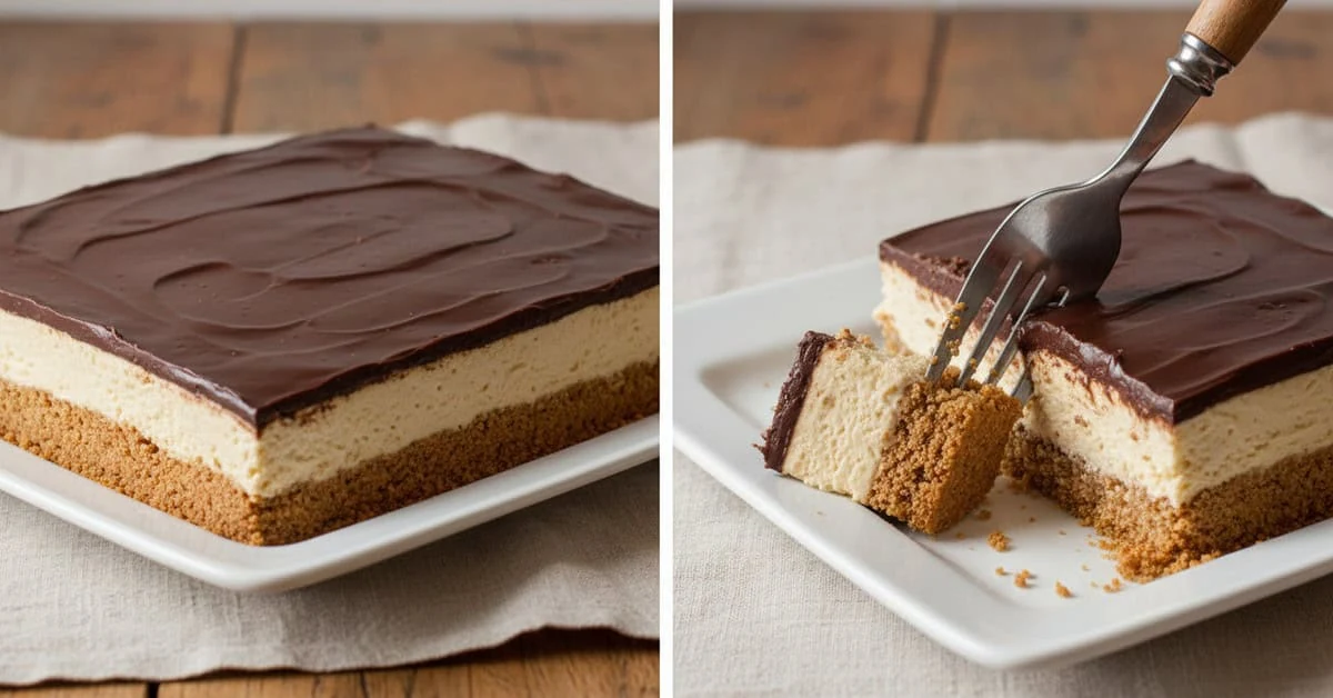 Deux vues d’un gâteau rectangulaire aux biscuits, à la crème et au chocolat, avec une part prélevée