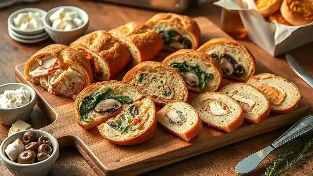 Tranches de pain salé avec différentes garnitures aux légumes, aux champignons et au fromage