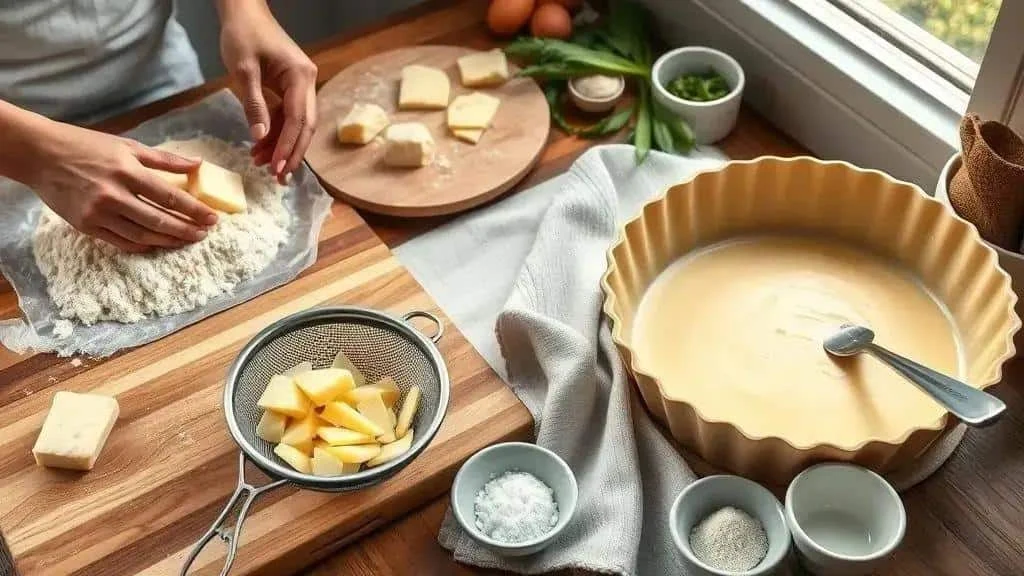 Travail du beurre et de la farine pour une pâte à quiche, à côté d’un moule garni
