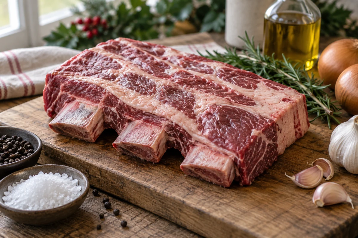 Travers de bœuf crus sur une planche, avec de l’ail, des oignons, du sel et des herbes Travers de bœuf crus sur une planche, avec de l’ail, des oignons, du sel et des herbes