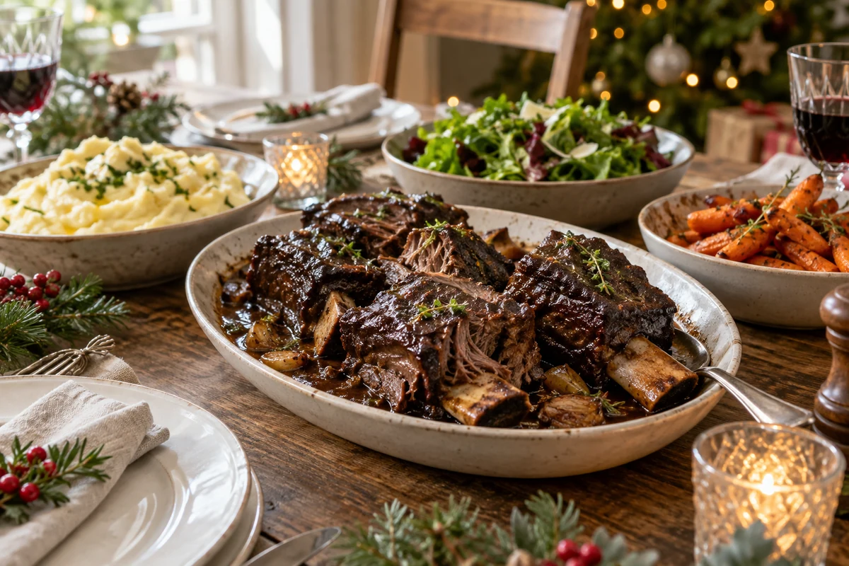 Plat de travers de bœuf sur une table de fête, avec de la purée, des carottes et une salade Plat de travers de bœuf sur une table de fête, avec de la purée, des carottes et une salade
