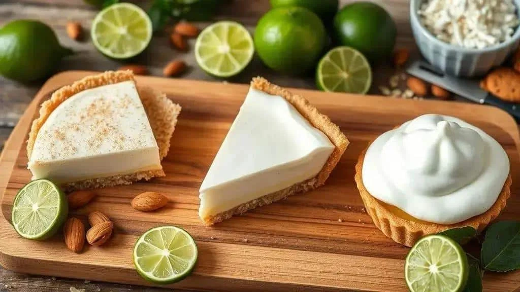 Deux parts de tarte et une tartelette présentées avec des citrons verts et des amandes Deux parts de tarte et une tartelette présentées avec des citrons verts et des amandes